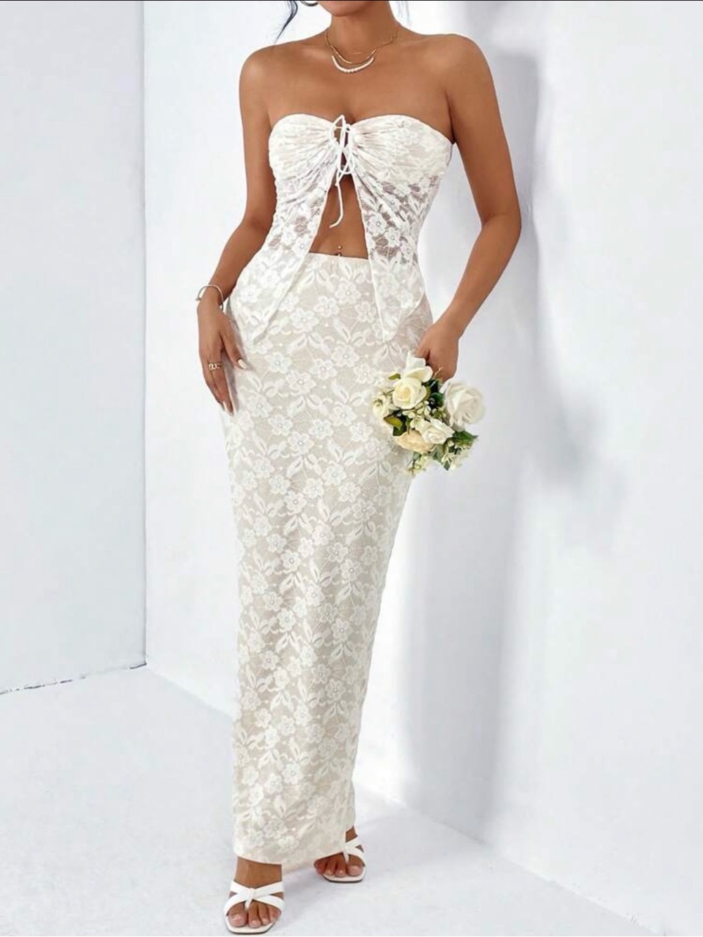 Strapless White Lace Maxi Dress with Corset Tie